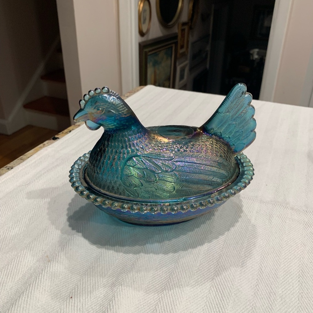 Vintage Blue Iridescent Carnival Indiana Glass Hen on a Nest